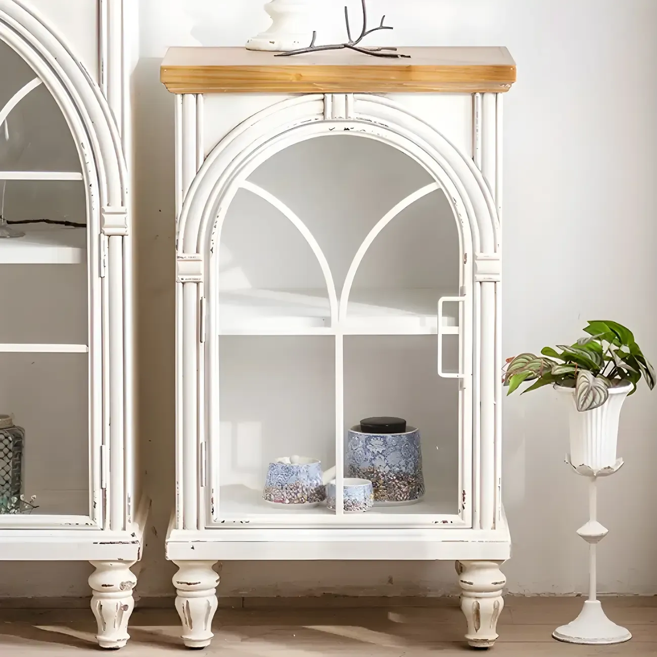Classic Wooden Display Cabinet with White Curved Doors for Home Image - 12