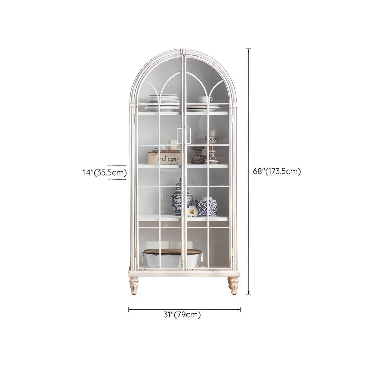 Classic Wooden Display Cabinet with White Curved Doors for Home #size