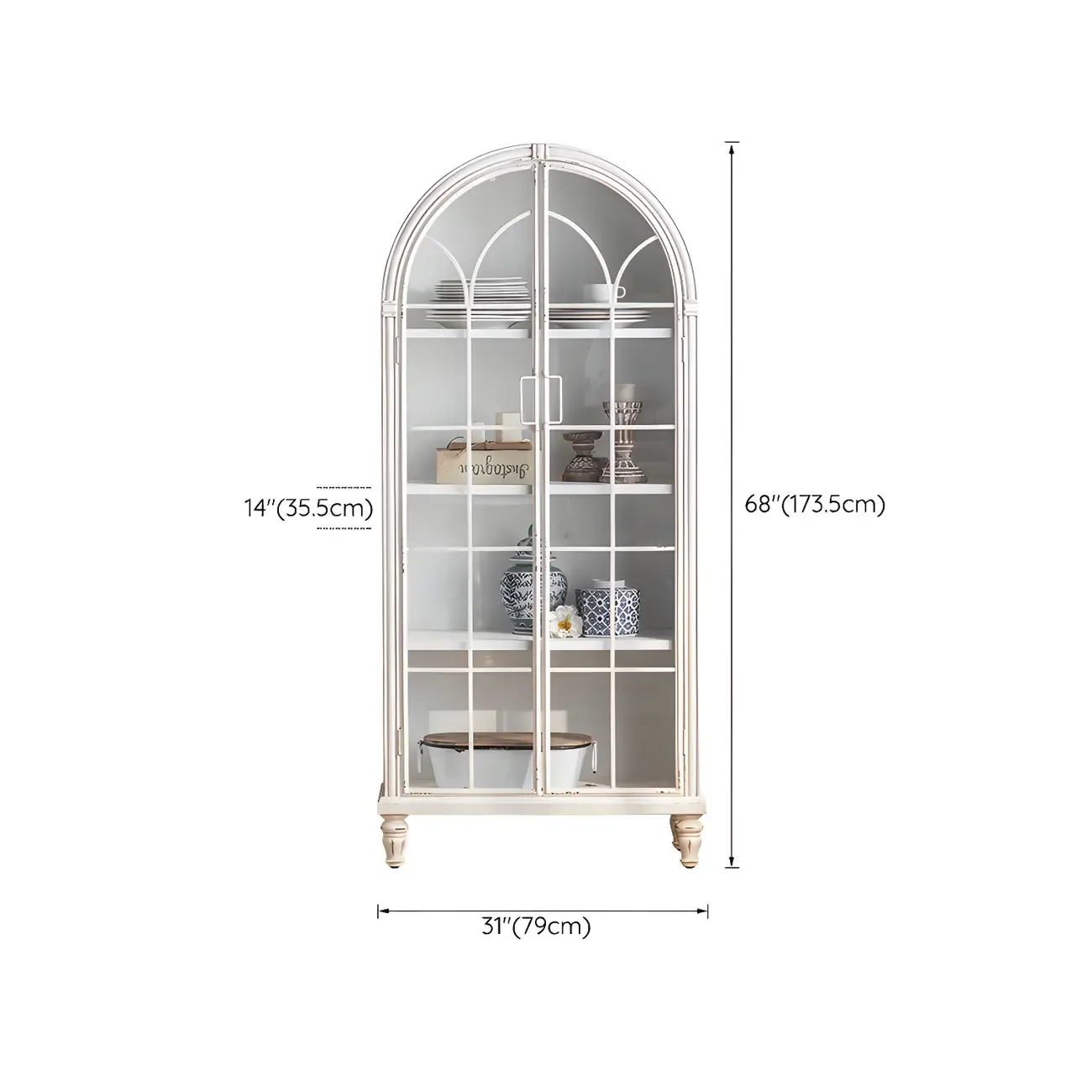 Classic Wooden Display Cabinet with White Curved Doors for Home #size