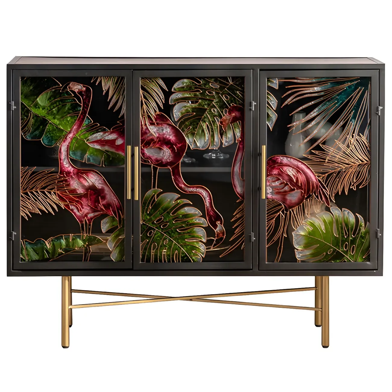 Modern Metal Glass Display Cabinet with Artistic Doors Image - 9
