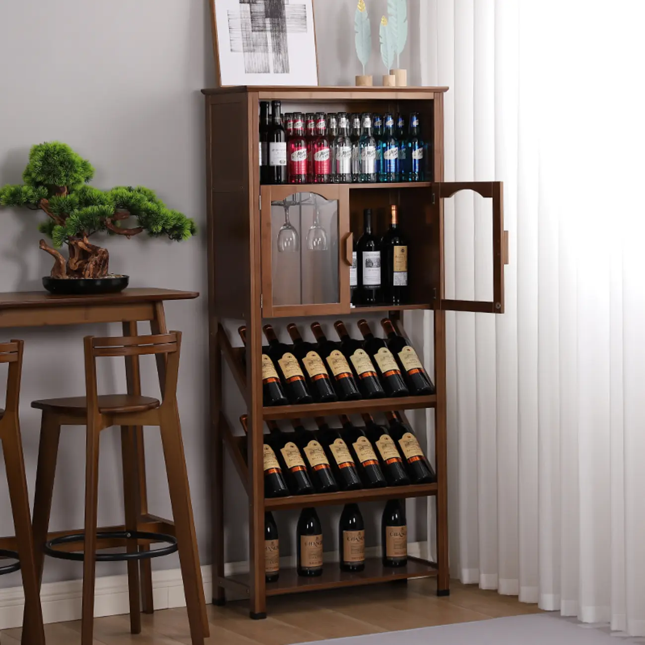 Modern Wooden Wine Rack with Glass Storage Shelves Image - 1 | homeyfad