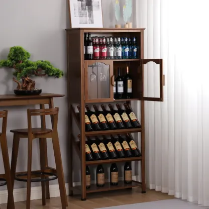 Modern Wooden Wine Rack with Glass Storage Shelves Image - 1