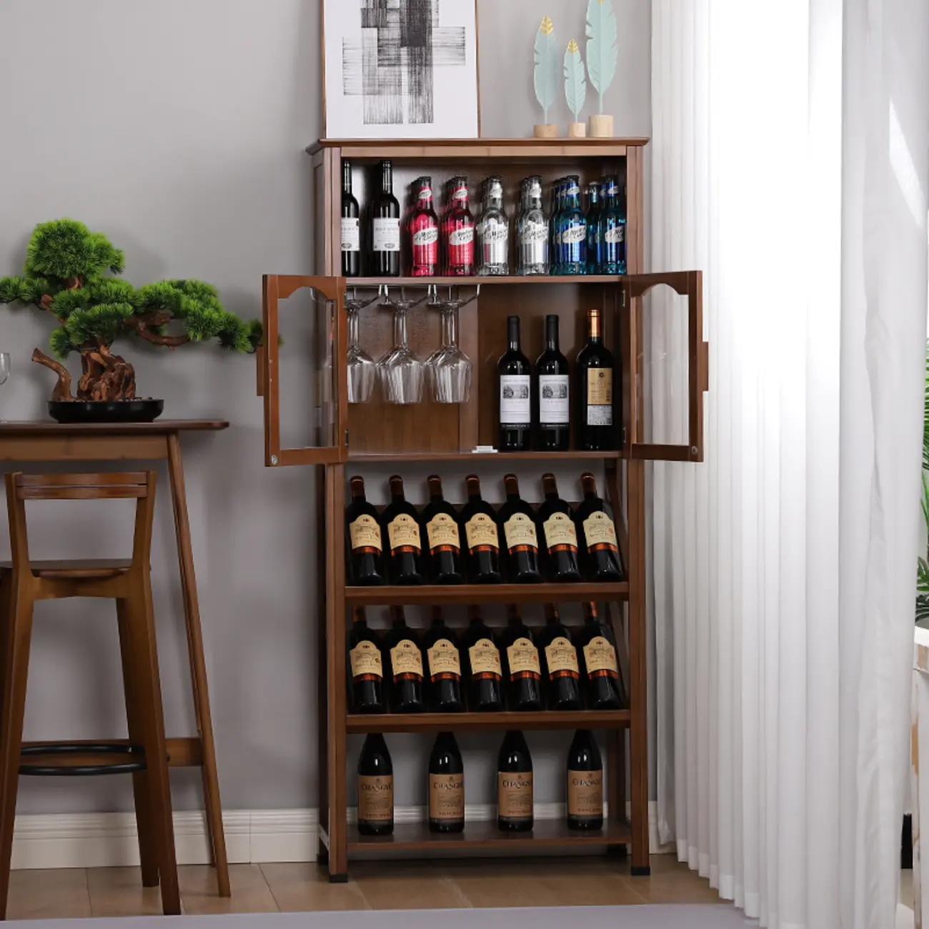 Modern Wooden Wine Rack with Glass Storage Shelves Image - 2 | homeyfad
