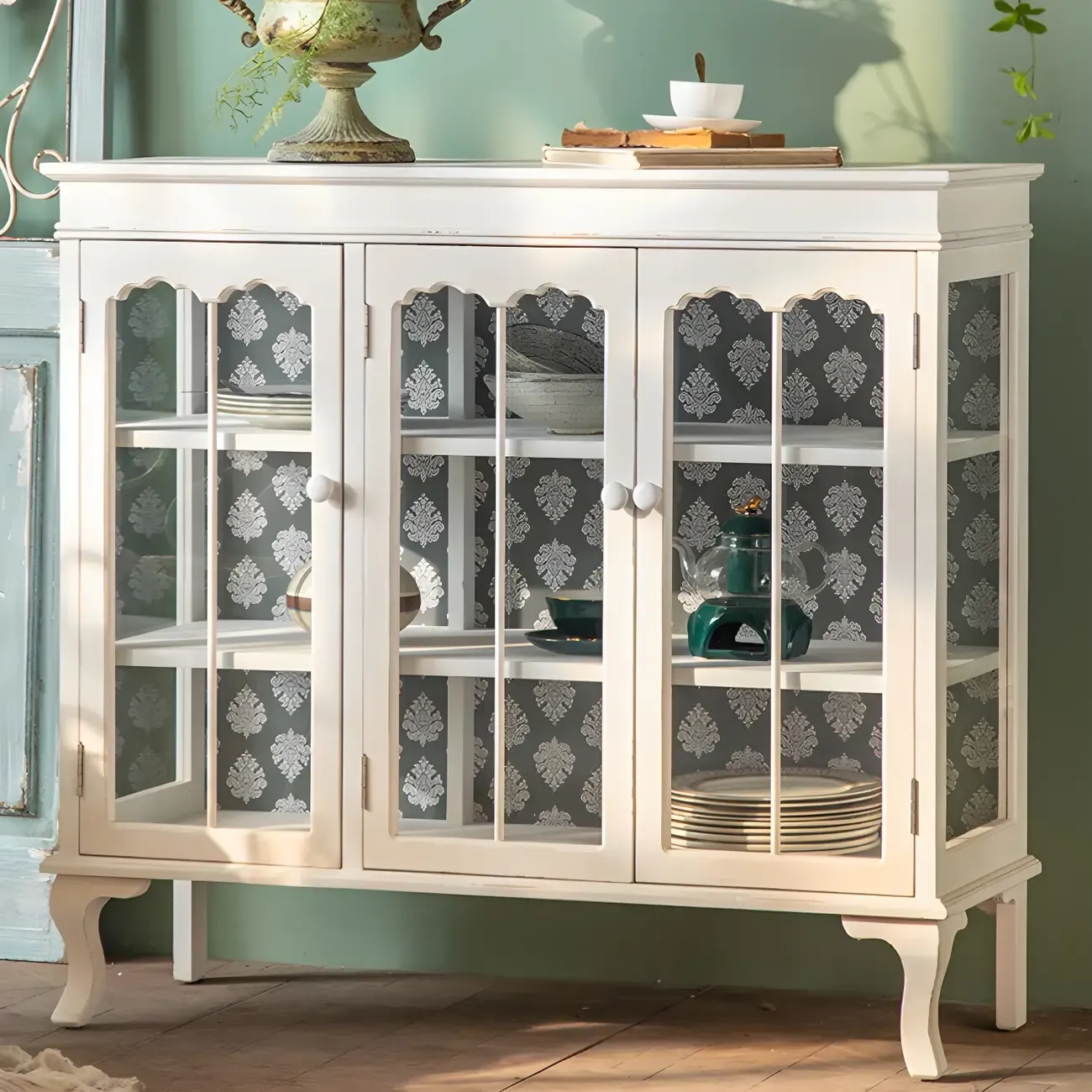 Vintage White Wooden Display Cabinet with Glass Doors for Home Image - 2