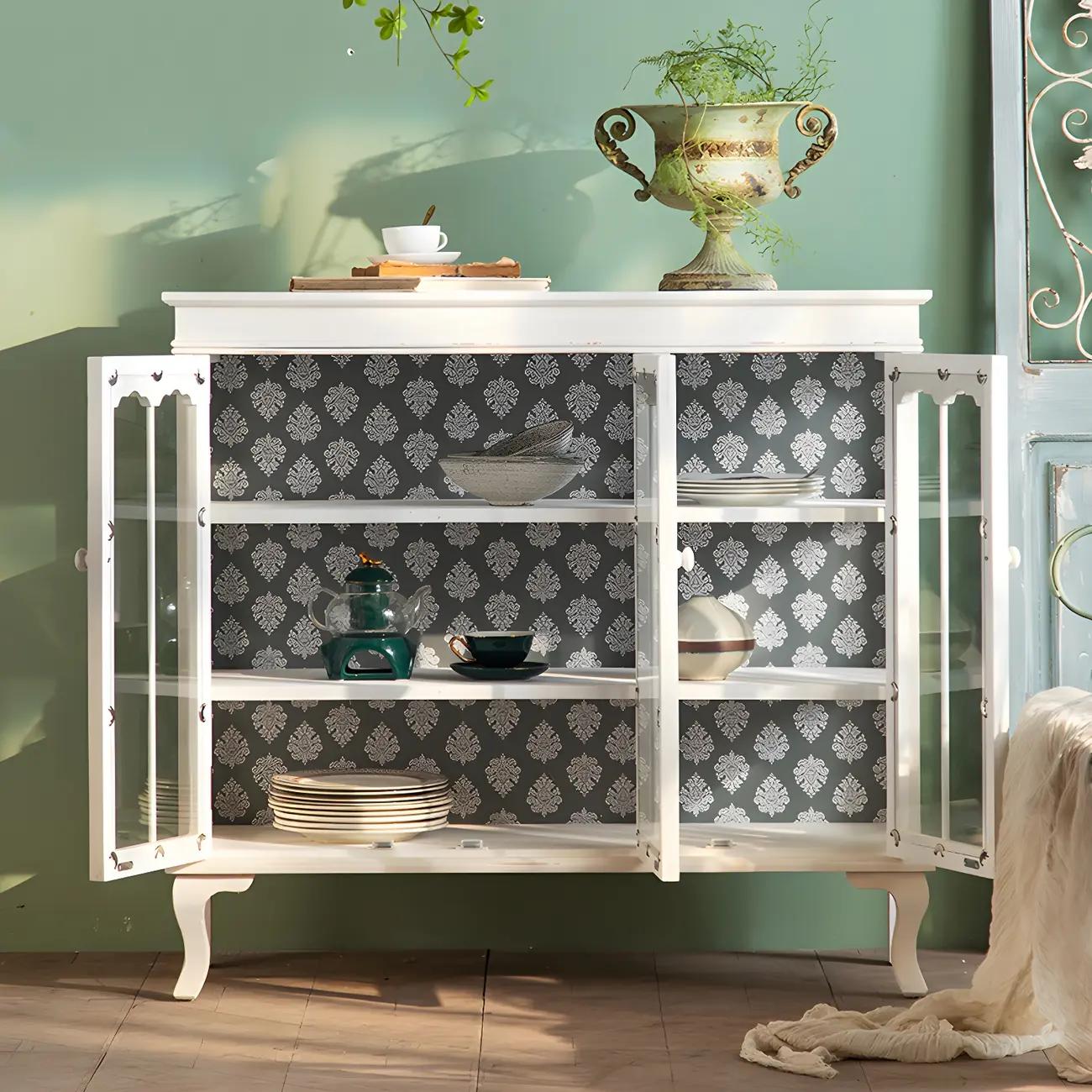 Vintage White Wooden Display Cabinet with Glass Doors for Home Image - 3 | homeyfad