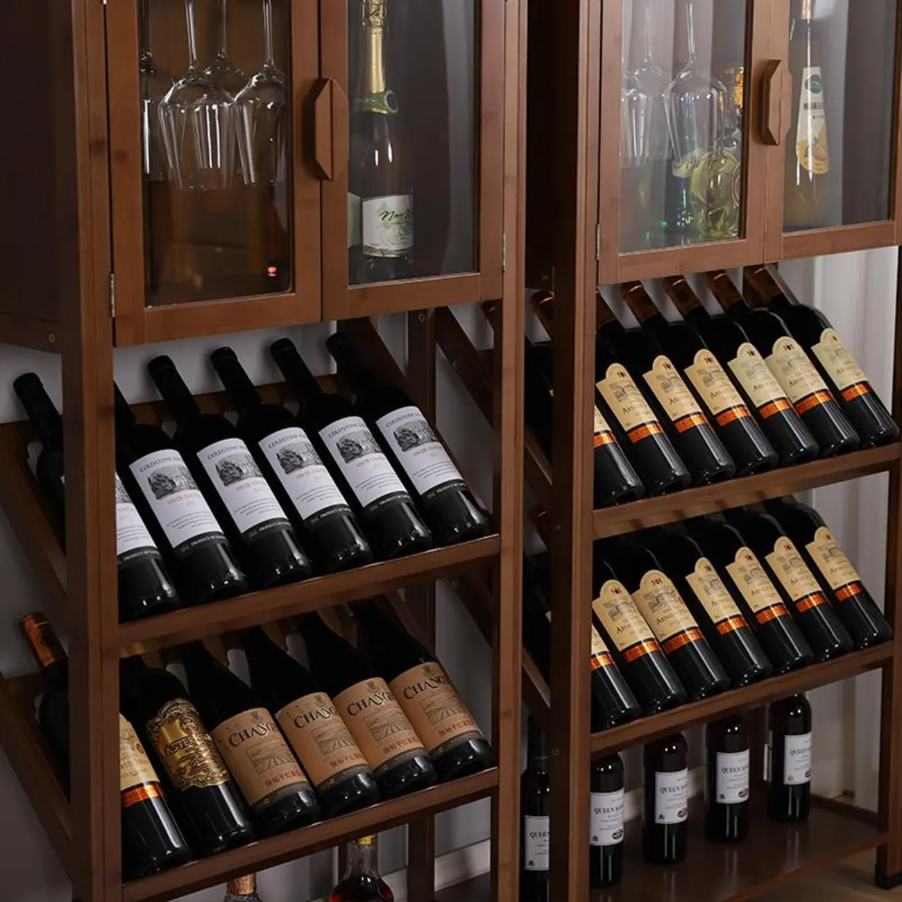 Modern Wooden Wine Rack with Glass Storage Shelves Image - 3 | homeyfad