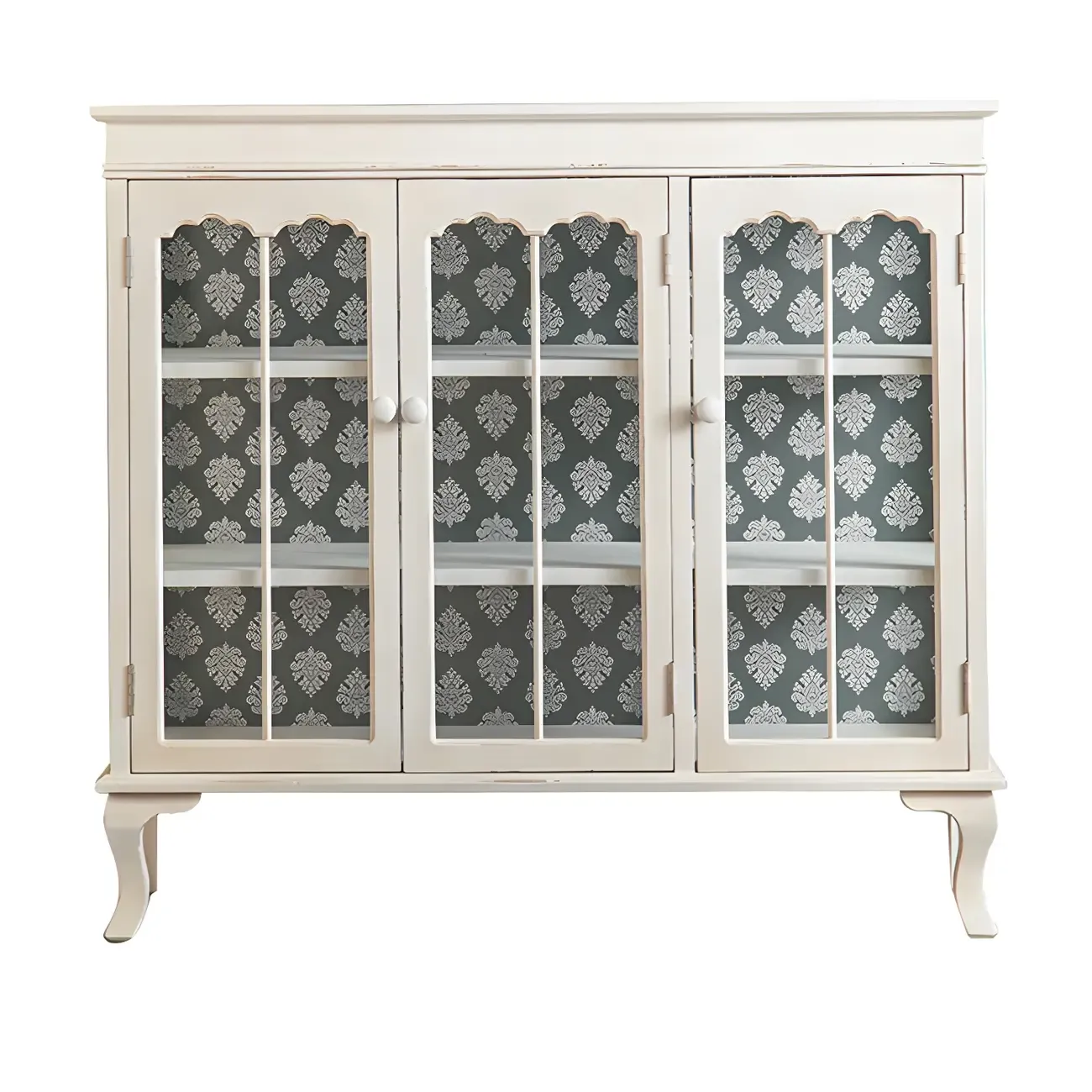 Vintage White Wooden Display Cabinet with Glass Doors for Home Image - 5