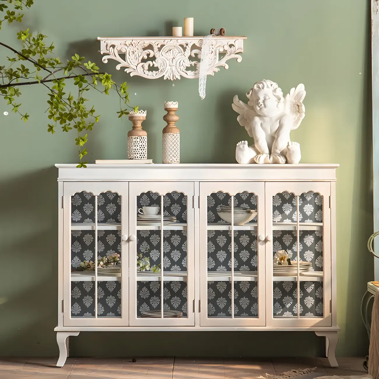 Vintage White Wood China Cabinet with Glass Doors | HomeyFad
