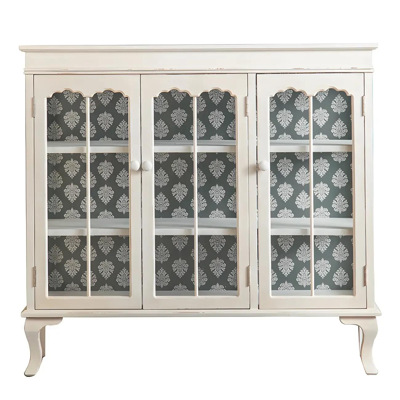 Vintage White Wooden Display Cabinet with Glass Doors for Home Image - 8