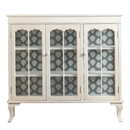Vintage White Wooden Display Cabinet with Glass Doors for Home Image - 8