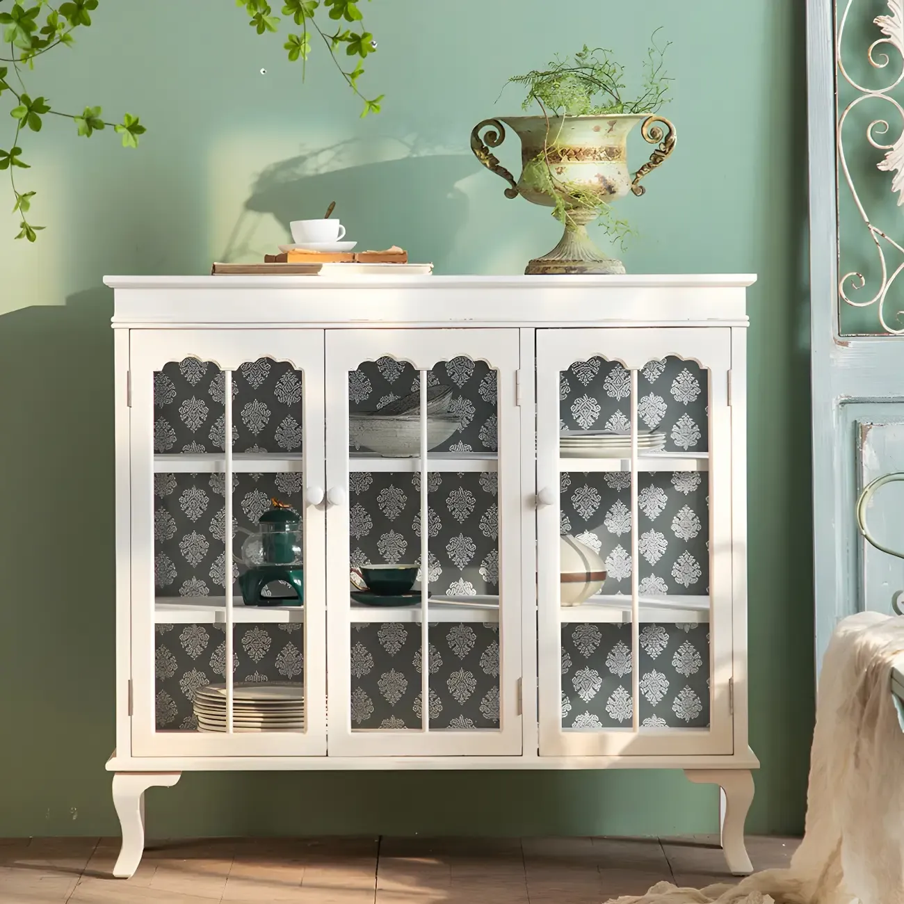 Vintage White Wooden Display Cabinet with Glass Doors for Home Image - 17