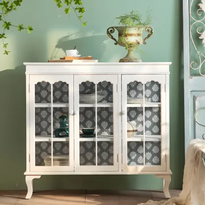 Vintage White Wooden Display Cabinet with Glass Doors for Home Image - 17