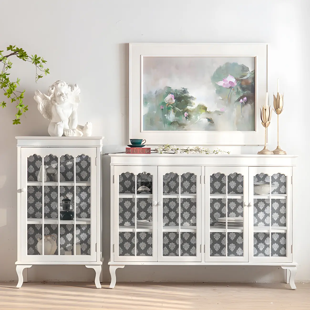 Vintage White Wooden Display Cabinet with Glass Doors for Home Image - 18 | homeyfad