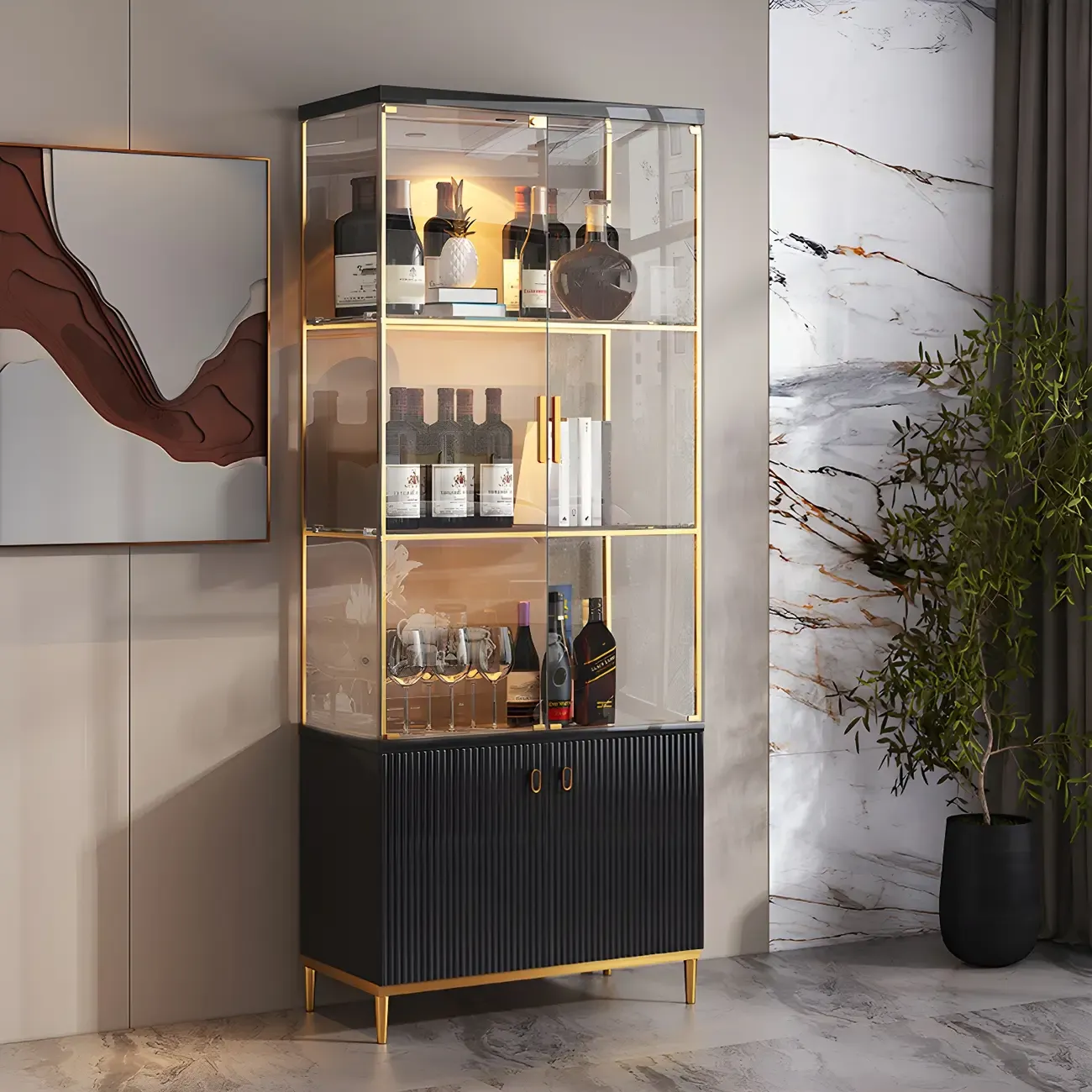 White Wine Glass Door Display Cabinet with LED Lights | HomeyFad