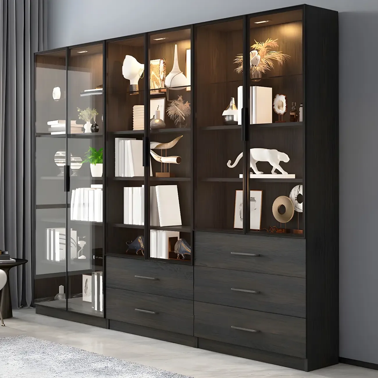 Modern Wooden Display Cabinet with 5-Drawers and Glass Doors Image - 1