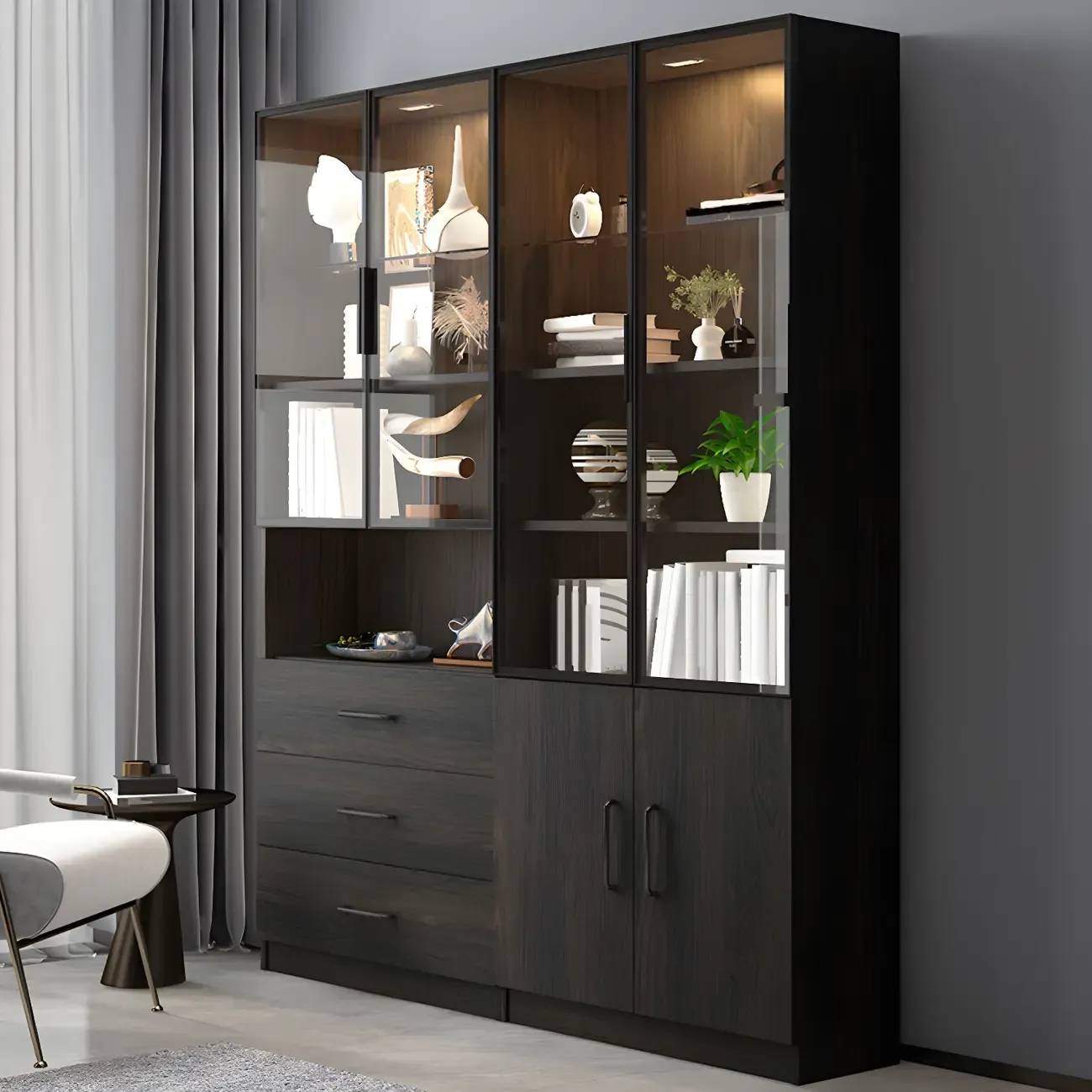 Modern Wooden Display Cabinet with 5-Drawers and Glass Doors Image - 3
