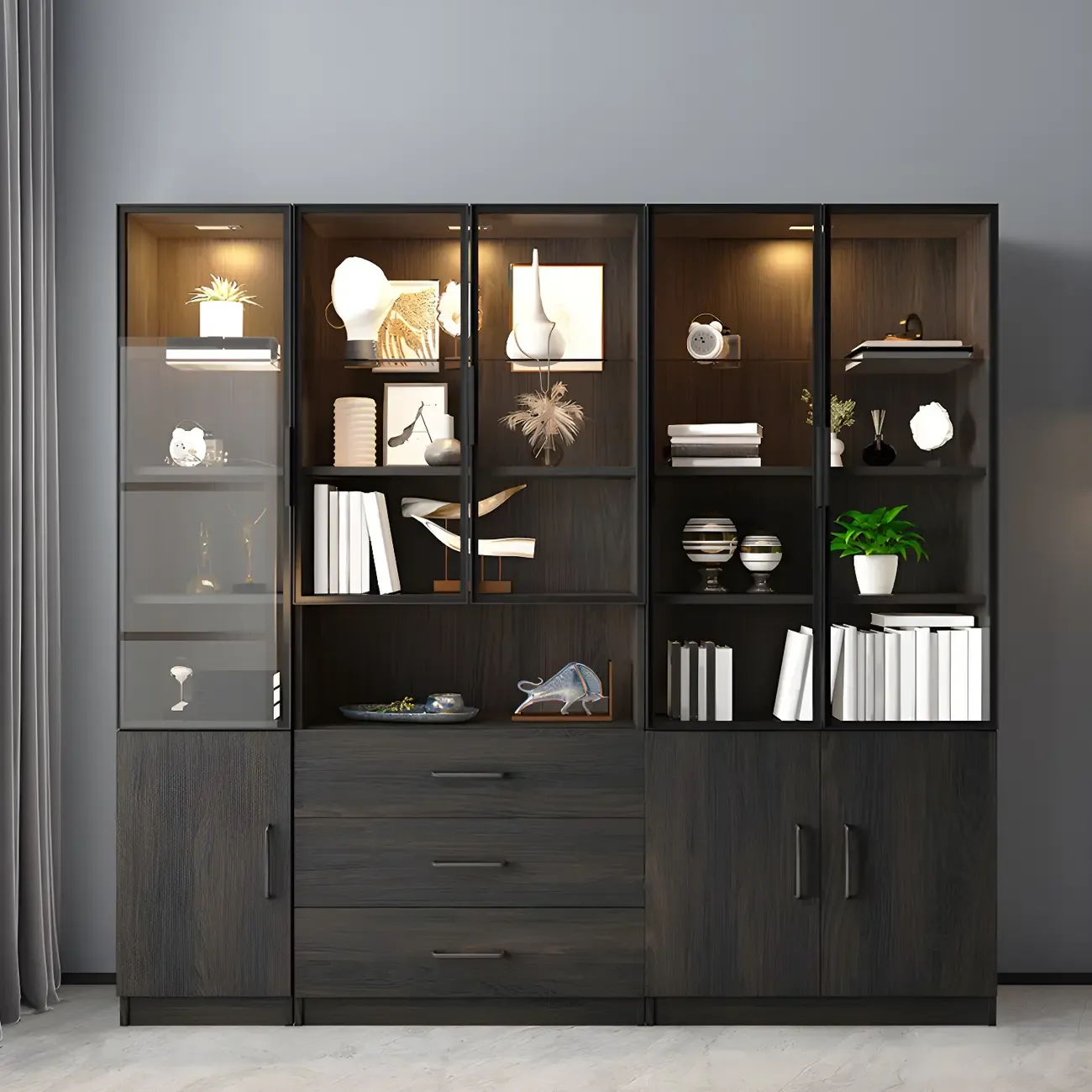 Modern Wooden Display Cabinet with 5-Drawers and Glass Doors Image - 6