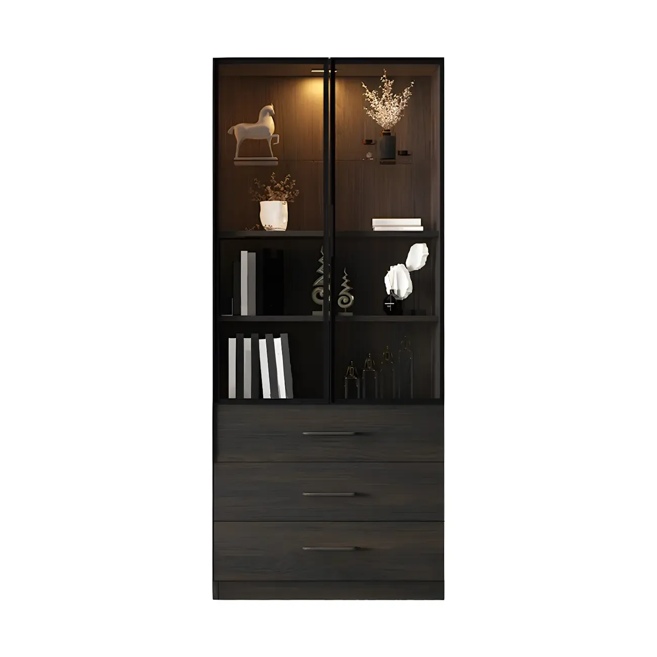 Modern Wooden Display Cabinet with 5-Drawers and Glass Doors Image - 9