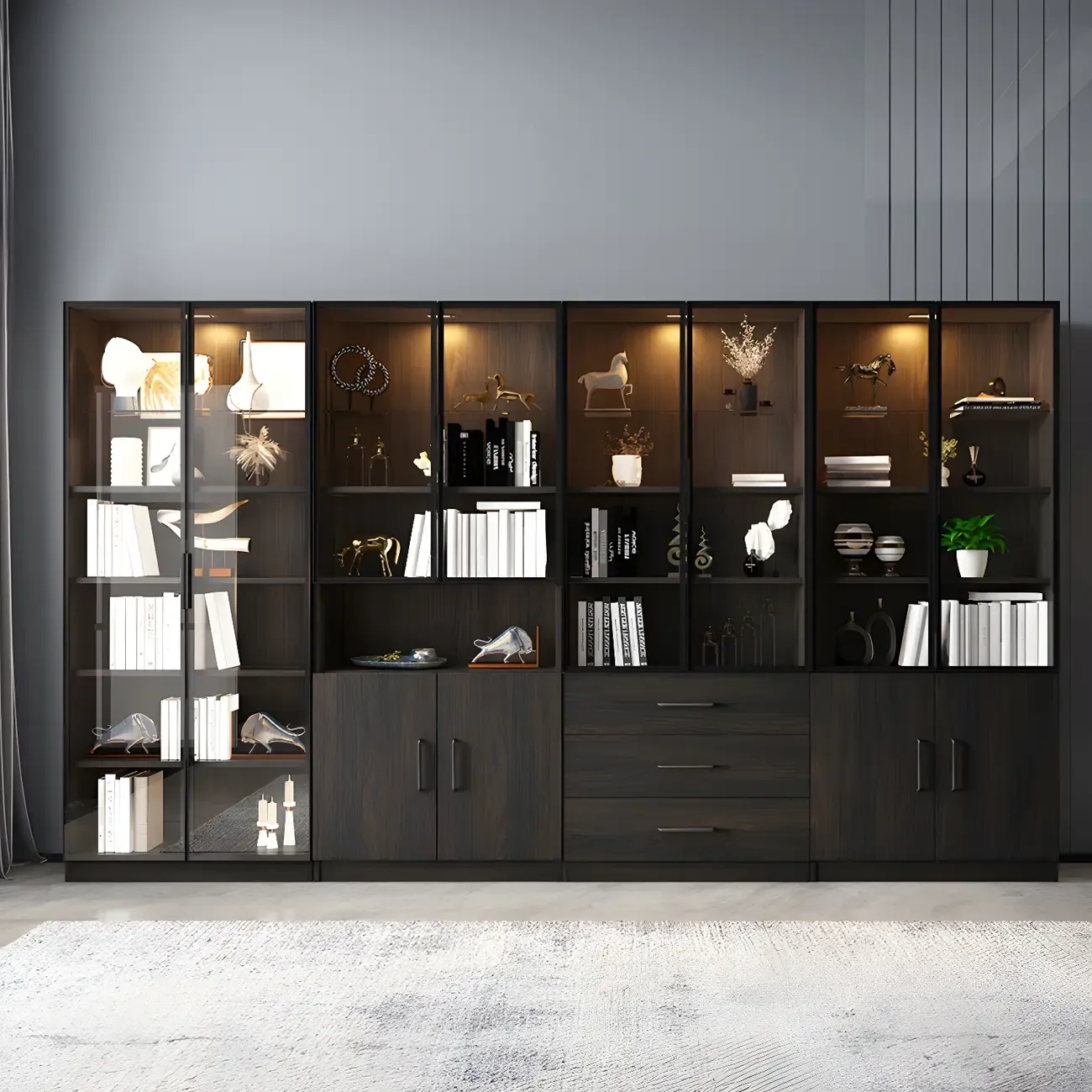 Modern Wooden Display Cabinet with 5-Drawers and Glass Doors Image - 14