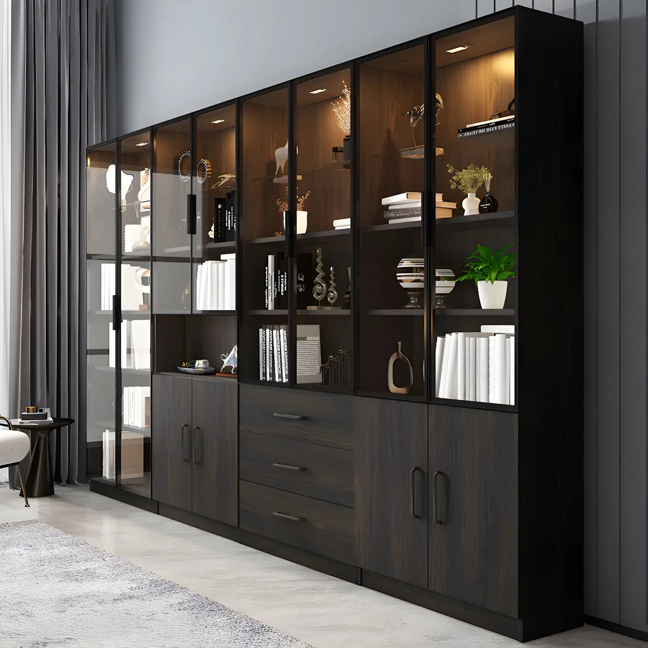 Modern Wooden Display Cabinet with 5-Drawers and Glass Doors Image - 15 | homeyfad