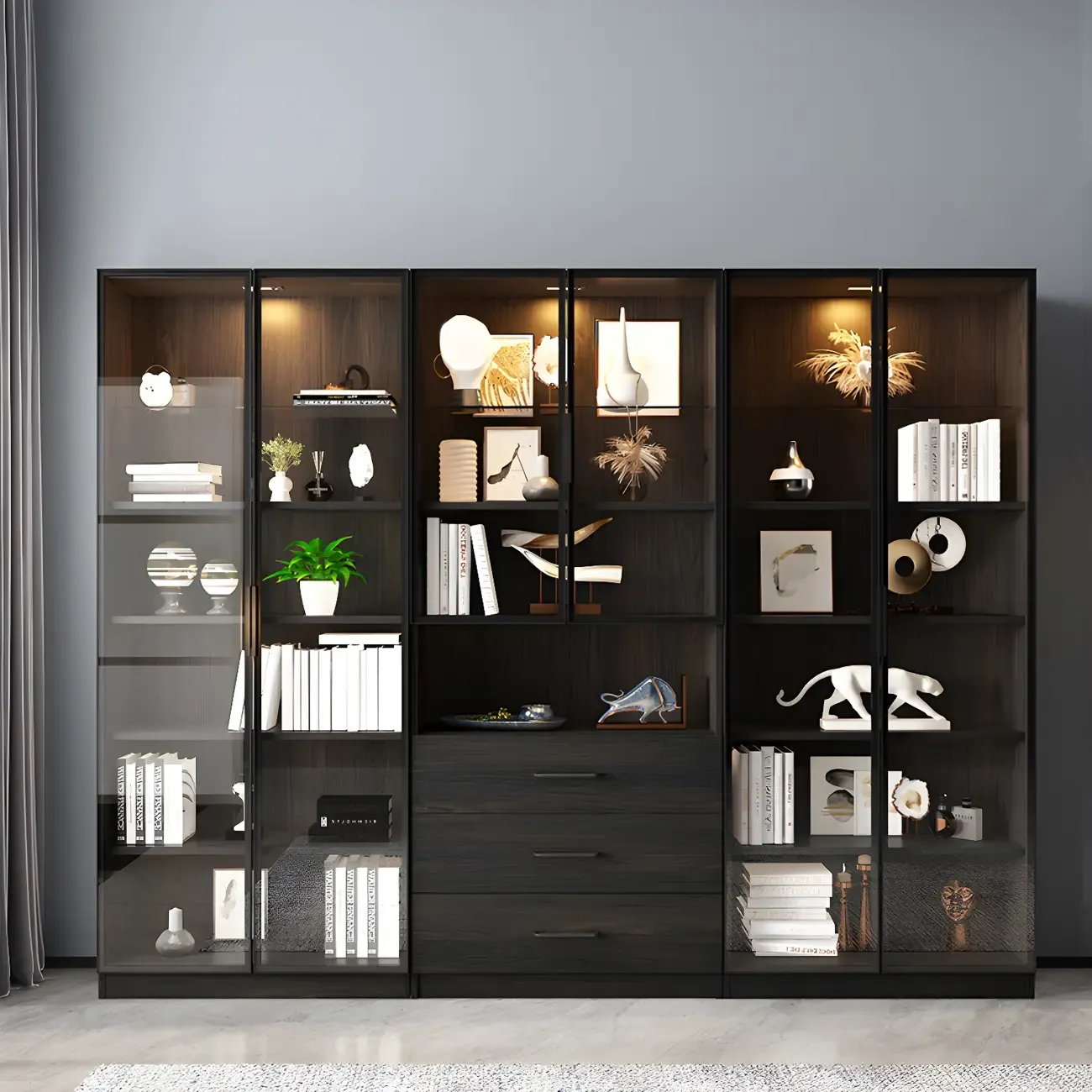Modern Wooden Display Cabinet with 5-Drawers and Glass Doors Image - 16