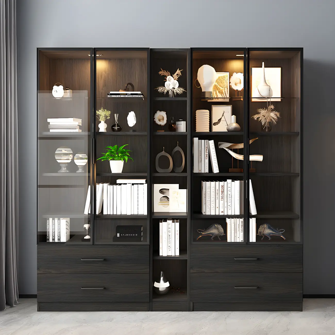 Modern Wooden Display Cabinet with 5-Drawers and Glass Doors Image - 17 | homeyfad