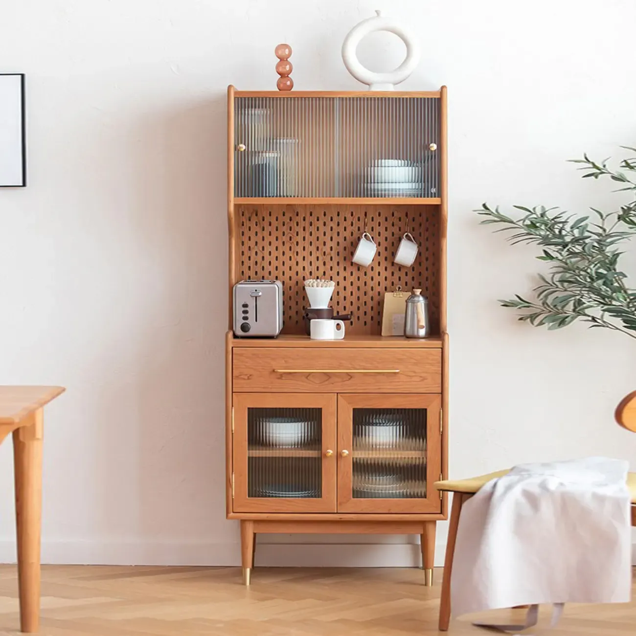 Glass Doors Pine Wood Sideboard Dining Hutch Cabinet with Drawers | HomeyFad