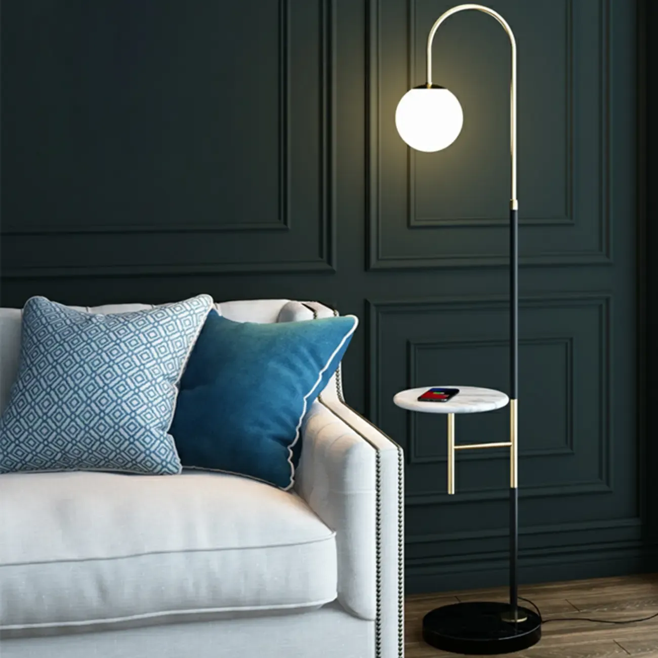 Arc Floor Lamp with Table and Globe Glass Shade for Living Room Image - 1