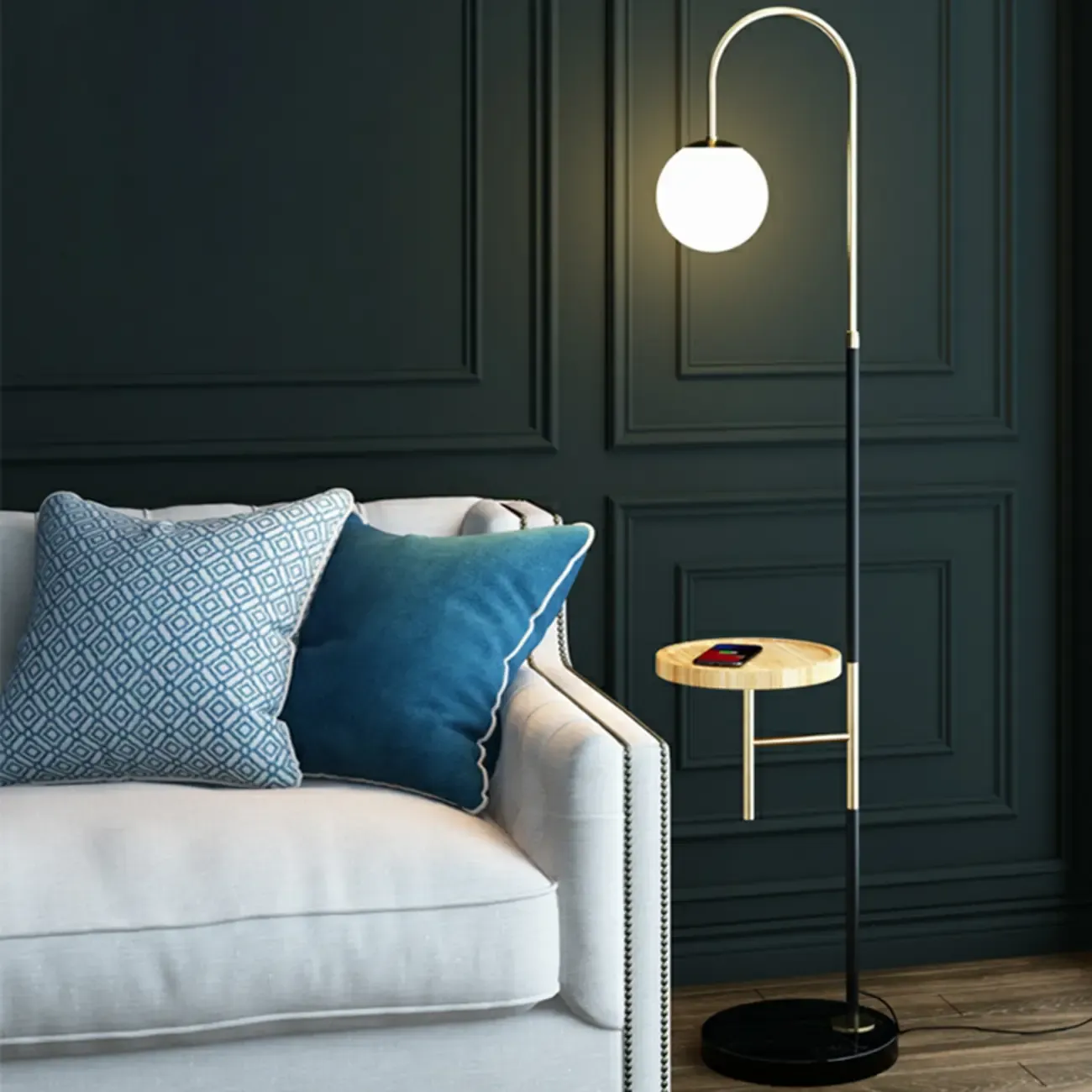 Arc Floor Lamp with Table and Globe Glass Shade for Living Room Image - 2