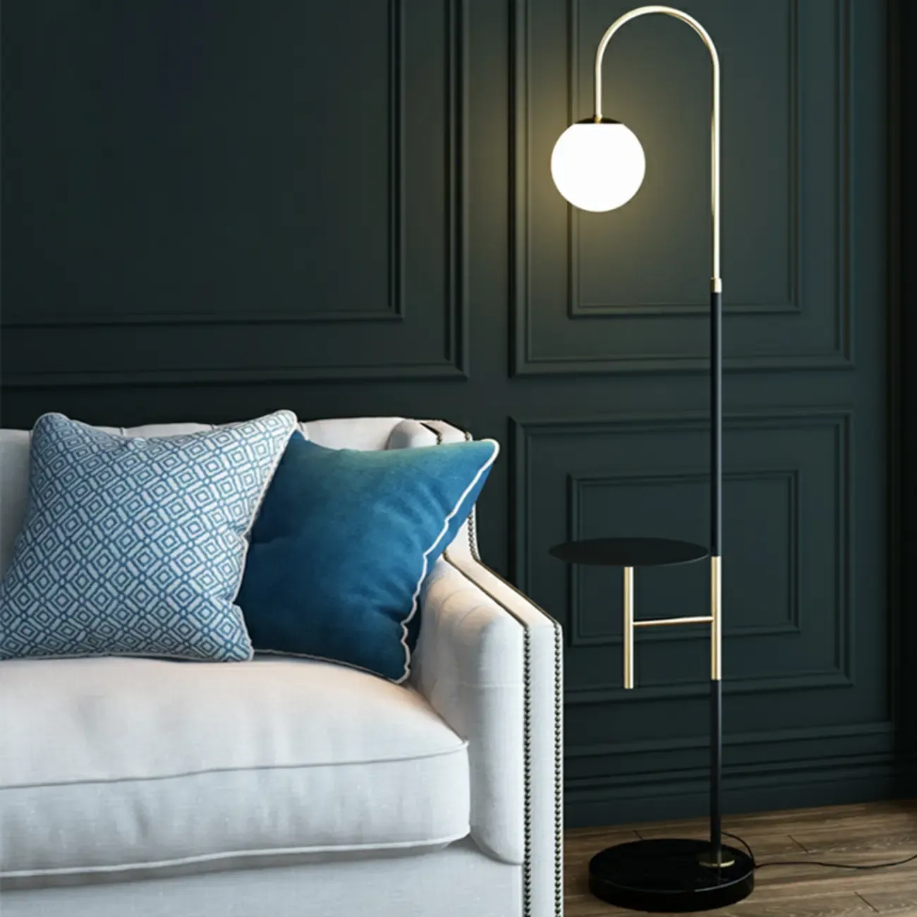 Arc Floor Lamp with Table and Globe Glass Shade for Living Room Image - 3