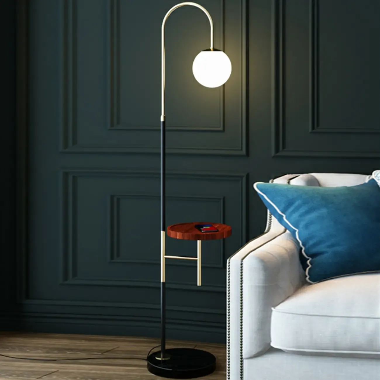 Arc Floor Lamp with Table and Globe Glass Shade for Living Room Image - 7