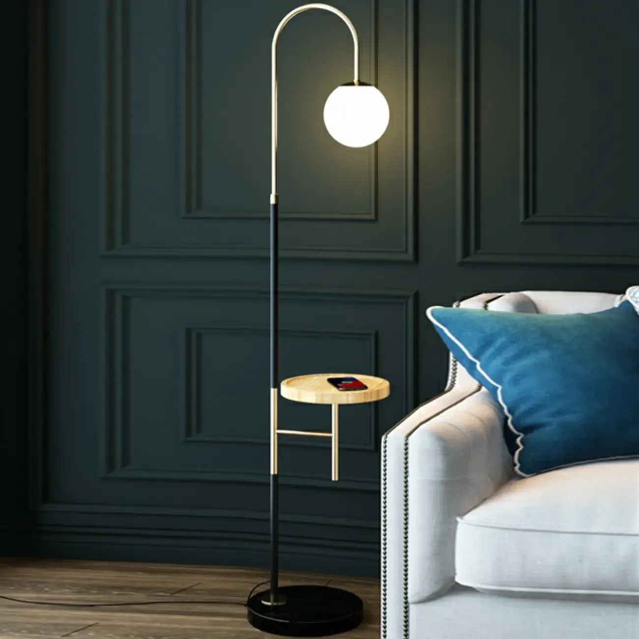 Arc Floor Lamp with Table and Globe Glass Shade for Living Room Image - 8