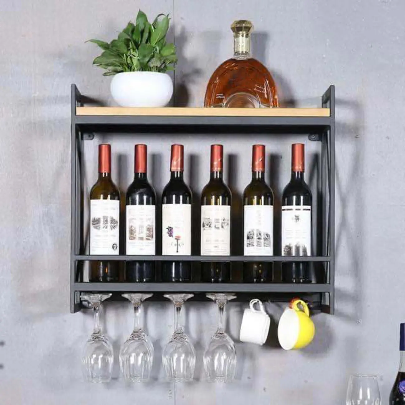 Modern Metal Wall-Mounted Wine Rack with Glass Holder Image - 1 | homeyfad