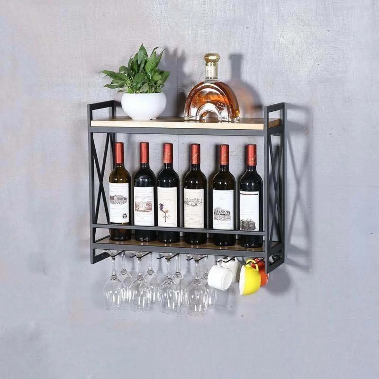 Modern Metal Wall-Mounted Wine Rack with Glass Holder Image - 2 | homeyfad