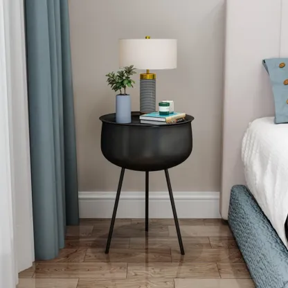 Black Modern Round Iron Nightstand with Inside Storage Image - 1