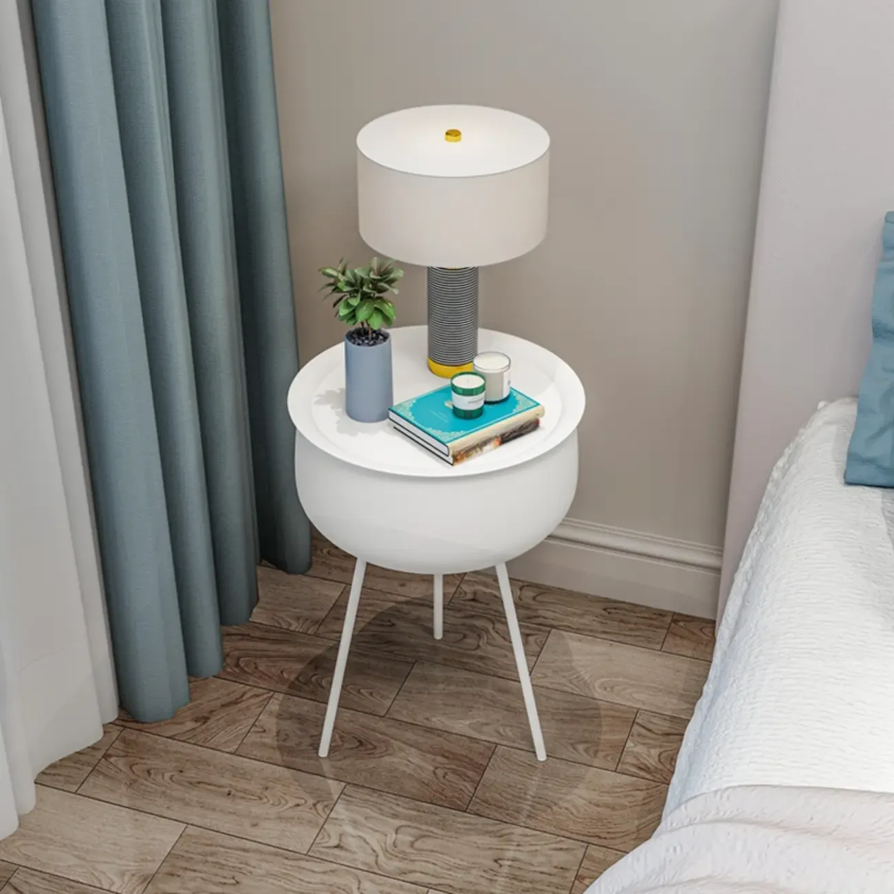 Black Modern Round Iron Nightstand with Inside Storage Image - 4