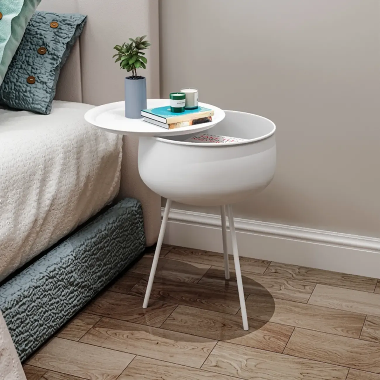 Black Modern Round Iron Nightstand with Inside Storage Image - 5