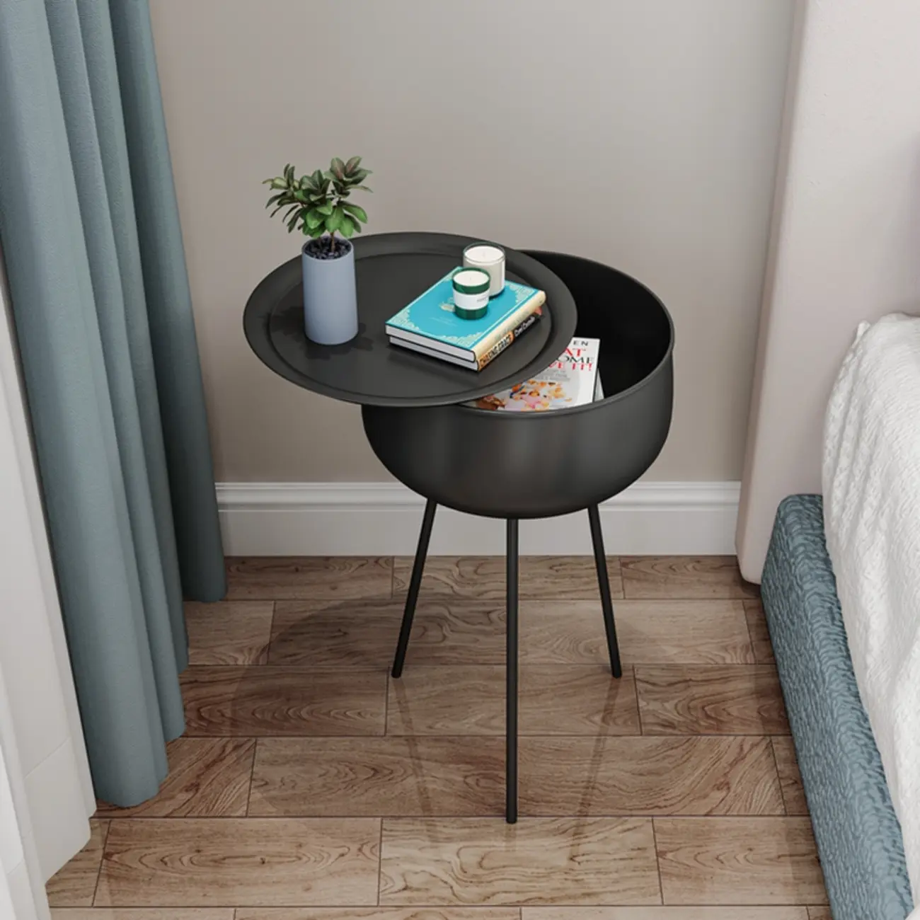 Black Modern Round Iron Nightstand with Inside Storage Image - 6 | homeyfad