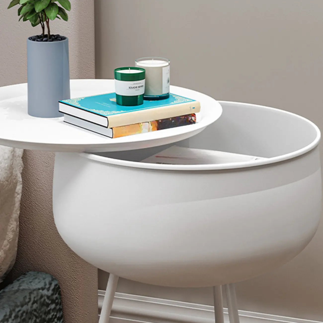 Black Modern Round Iron Nightstand with Inside Storage Image - 7 | homeyfad