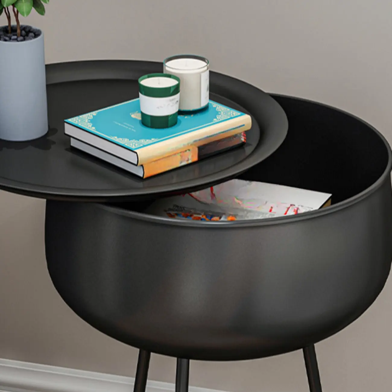 Black Modern Round Iron Nightstand with Inside Storage Image - 9 | homeyfad