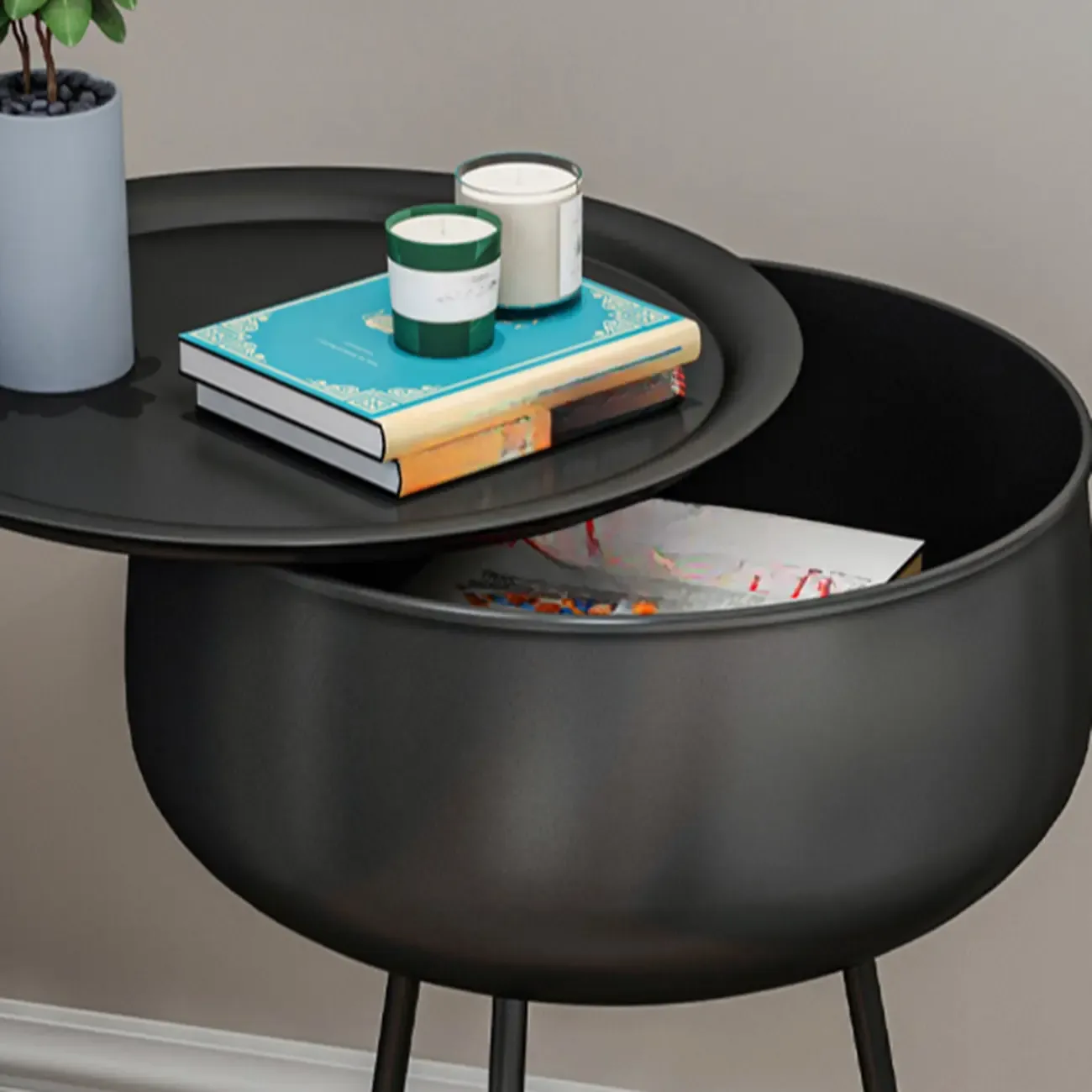 Black Modern Round Iron Nightstand with Inside Storage Image - 9