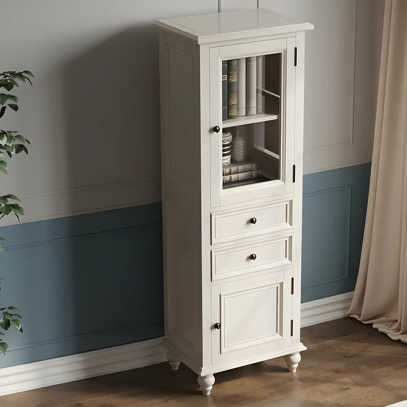 Elegant White Wooden Tall Cabinet with Glass Doors for Home Image - 3