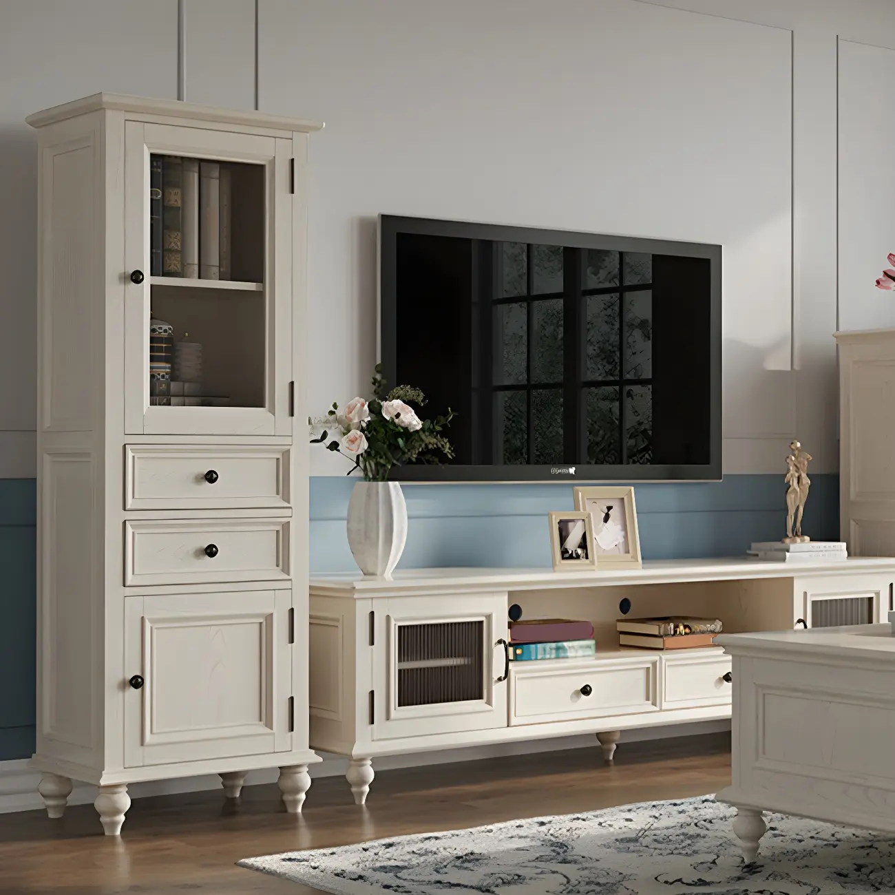 Elegant White Wooden Tall Cabinet with Glass Doors for Home Image - 4 | homeyfad