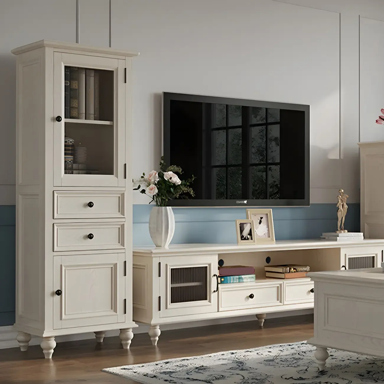 Elegant White Wooden Tall Cabinet with Glass Doors for Home Image - 4