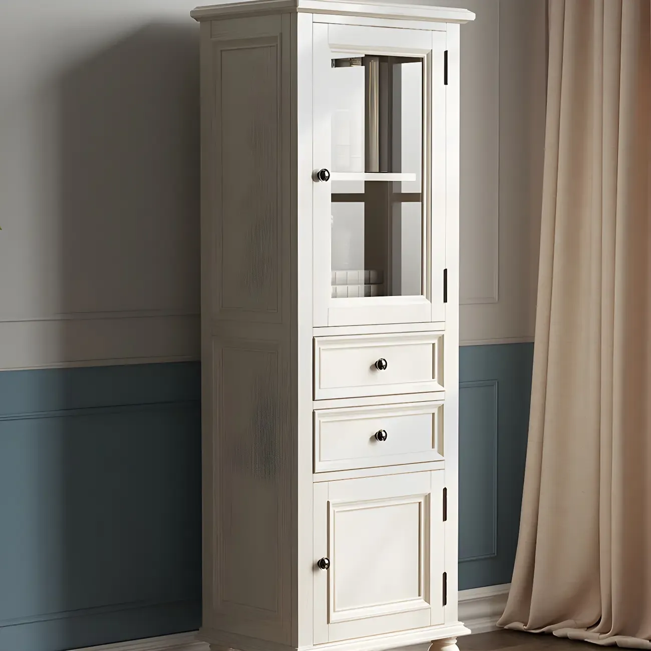 Elegant White Wooden Tall Cabinet with Glass Doors for Home Image - 5