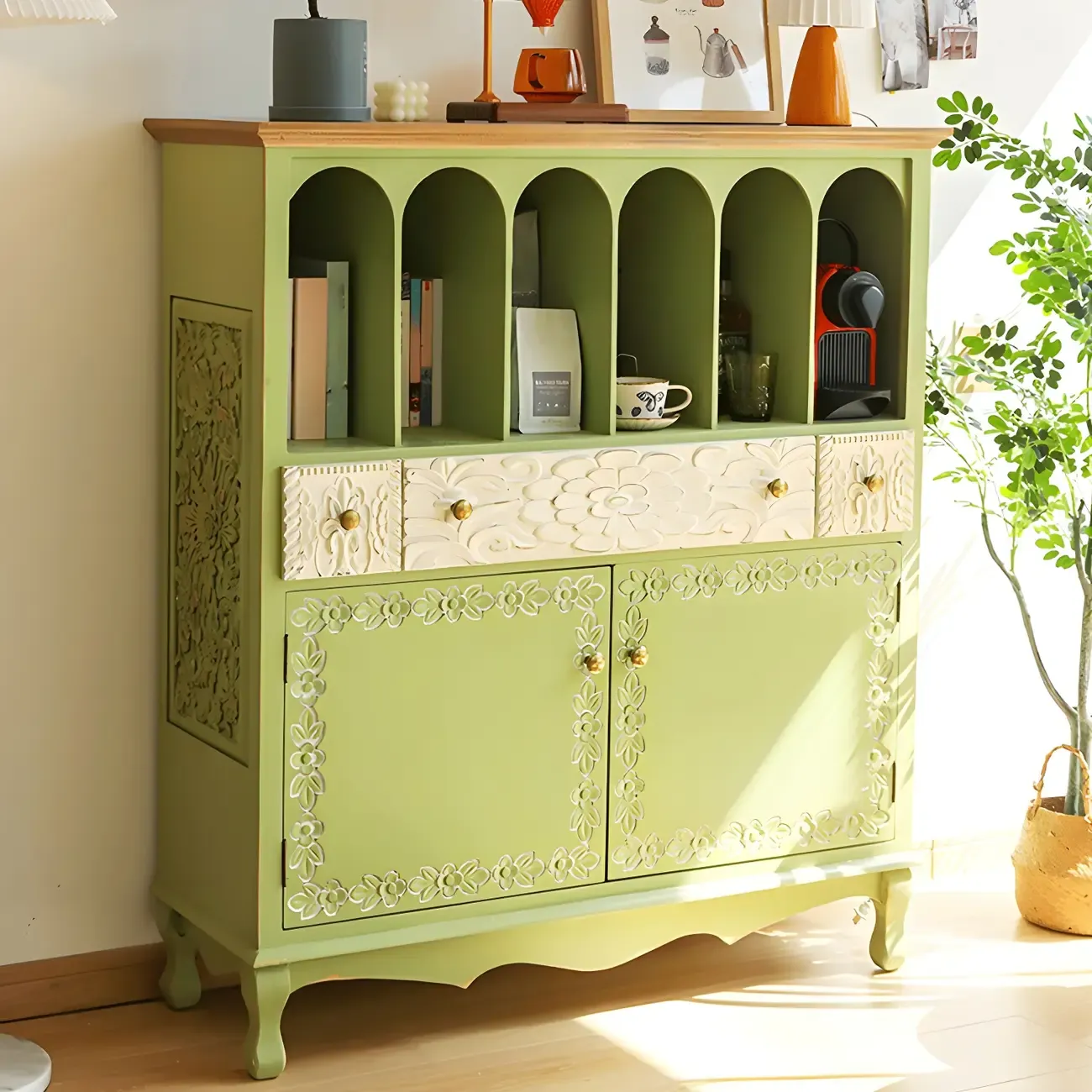 French Country Green Wooden China Cabinet with Storage | HomeyFad