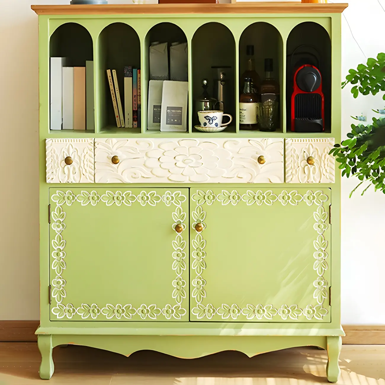 Rustic Green Wooden Display Cabinet with Storage for Kitchen Image - 2 | homeyfad