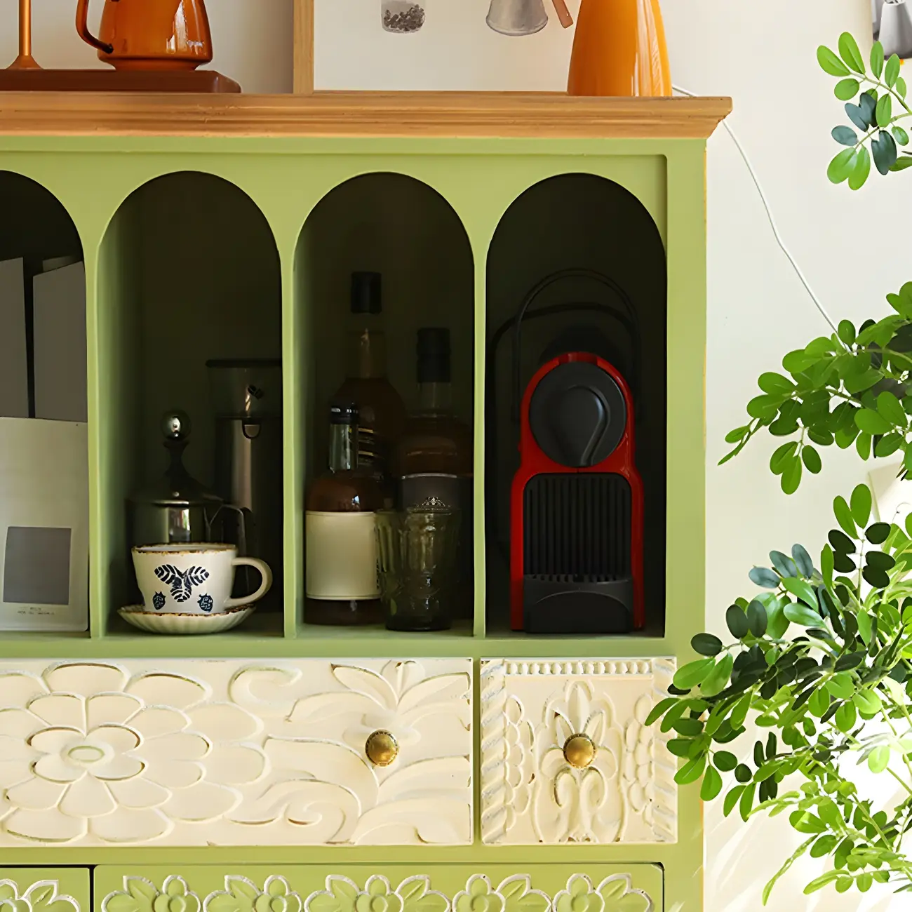 Rustic Green Wooden Display Cabinet with Storage for Kitchen Image - 4 | homeyfad