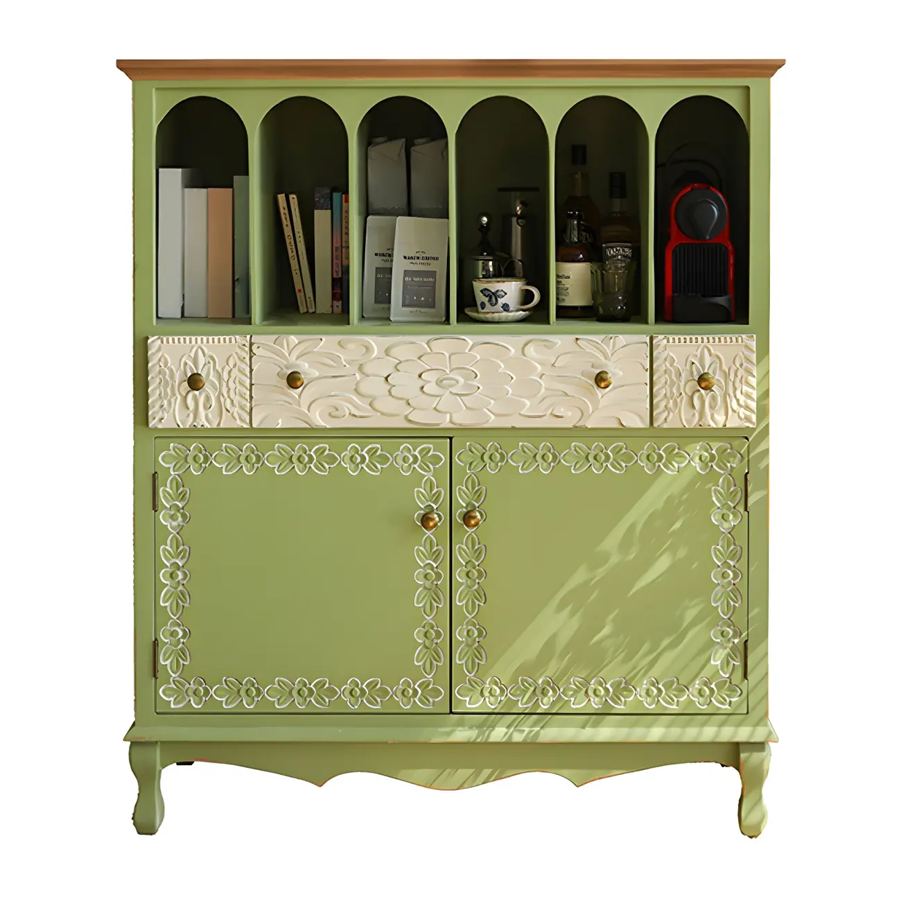 Rustic Green Wooden Display Cabinet with Storage for Kitchen Image - 5 | homeyfad