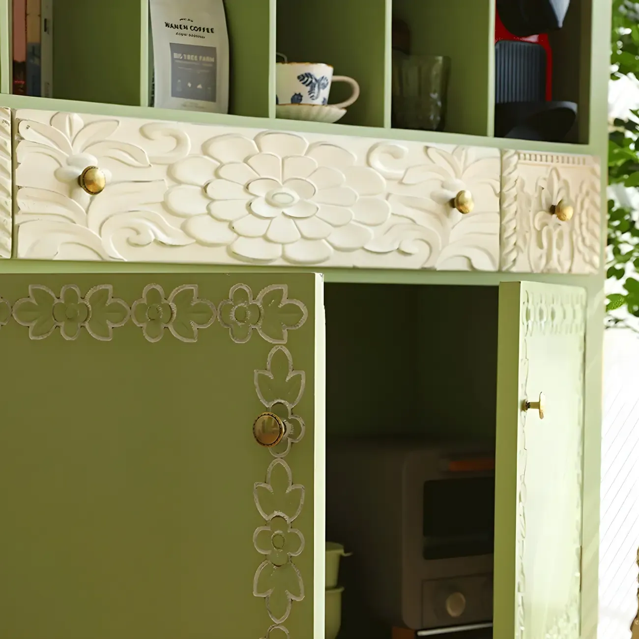 Rustic Green Wooden Display Cabinet with Storage for Kitchen Image - 6